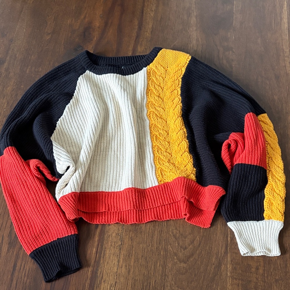 moon & madison Colorblock Cable Knit Sweater in Black, Cream, Red, Yellow